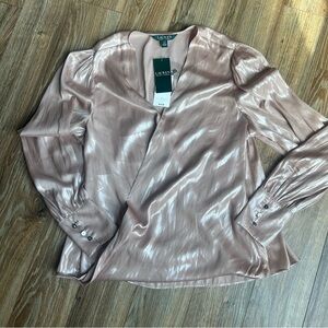 $79 Lauren Ralph Lauren L Wrap Surplice Top Champagne Metallic Festive NWT